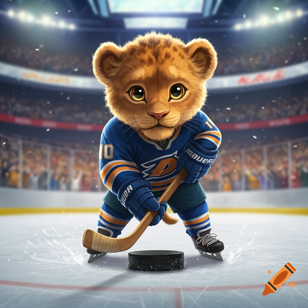 Cute baby lion in hockey gear on ice in an arena