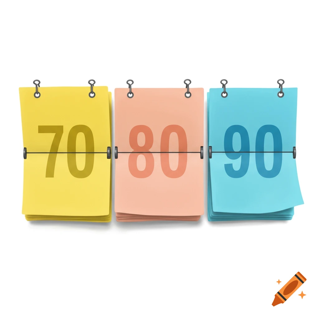 A three-page flipbook with numbers 70, 80, and 90.