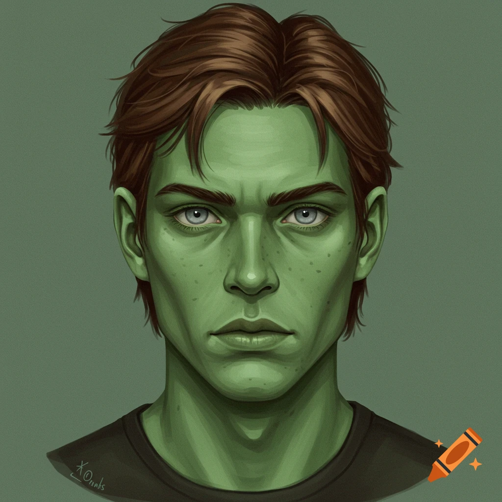 A man with green skin, brown hair, and grey-blue eyes.