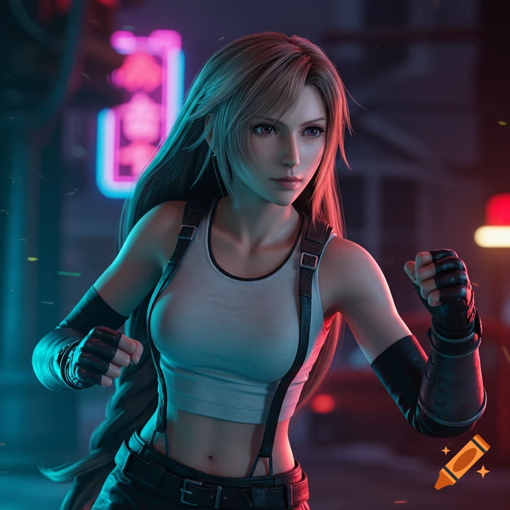 Tifa from Final Fantasy 7 in a tank top and suspenders stands in a futuristic alley lit by neon.
