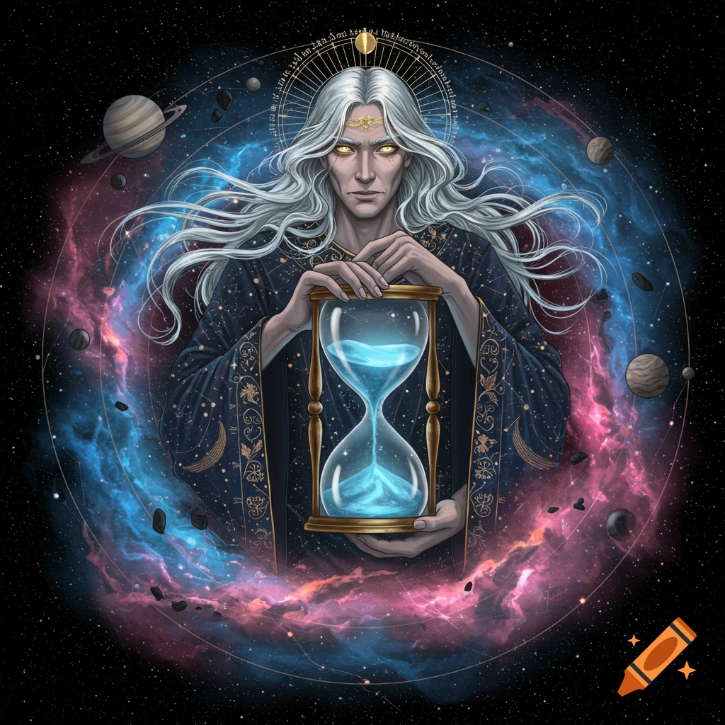 A mystical figure with long white hair holds an hourglass against a backdrop of a nebula and planets.
