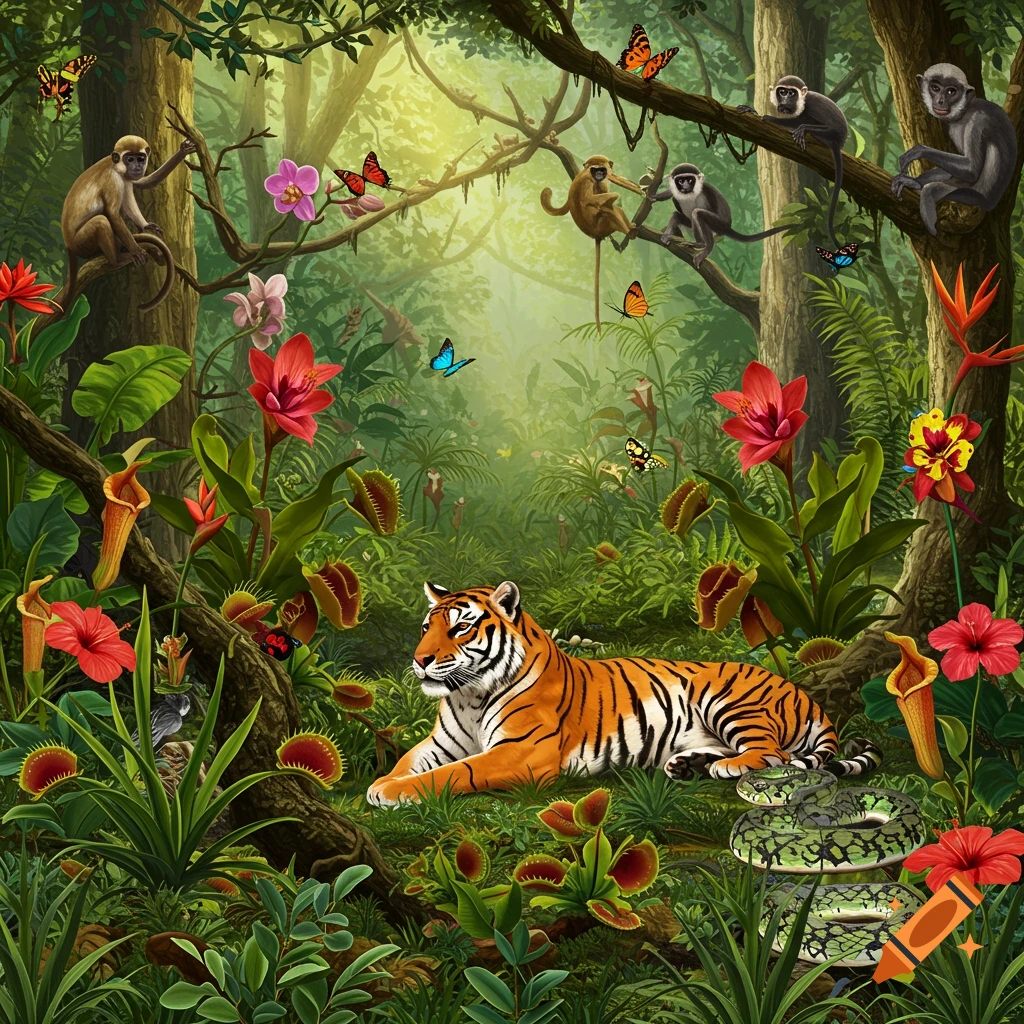 A tiger, monkeys, snake, butterflies, flowers, and pitcher plants are shown in a lush jungle.