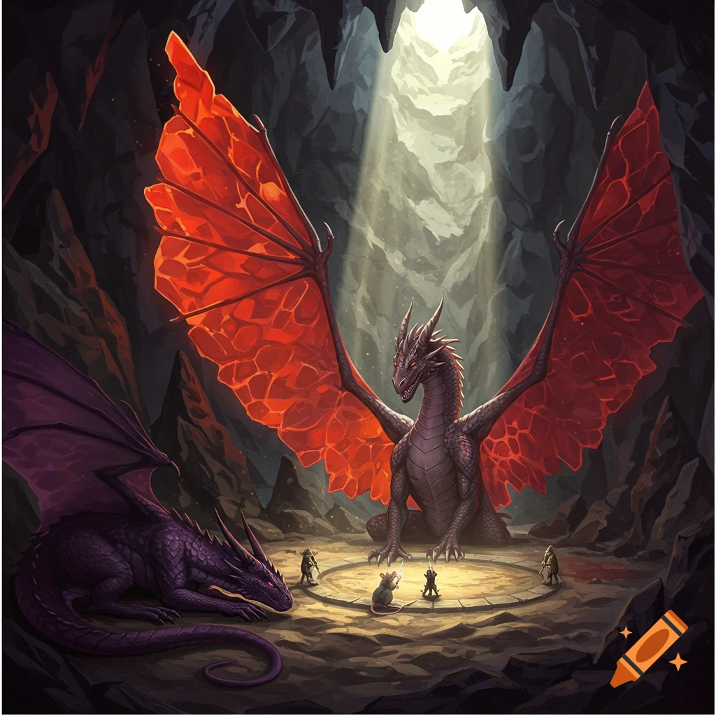 A large gray dragon with red volcanic rock wings sits opposite a dark purple dragon lying down inside a cave. Small figures and a rat stand in a circle between them.