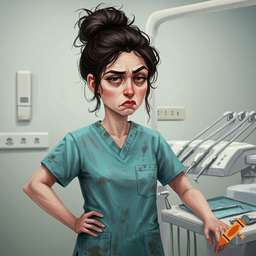 A disgruntled dental assistant in a dental office.