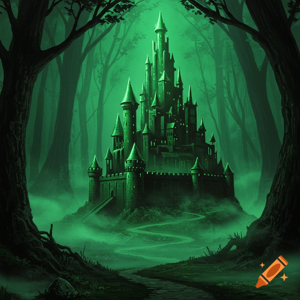 Glowing green fantasy castle in a foggy forest