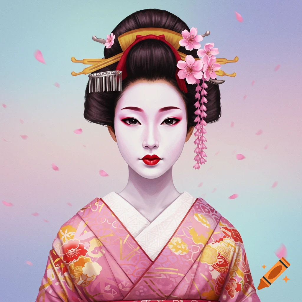 A geisha with elaborate hair, makeup, and a pink floral kimono is surrounded by cherry blossoms.