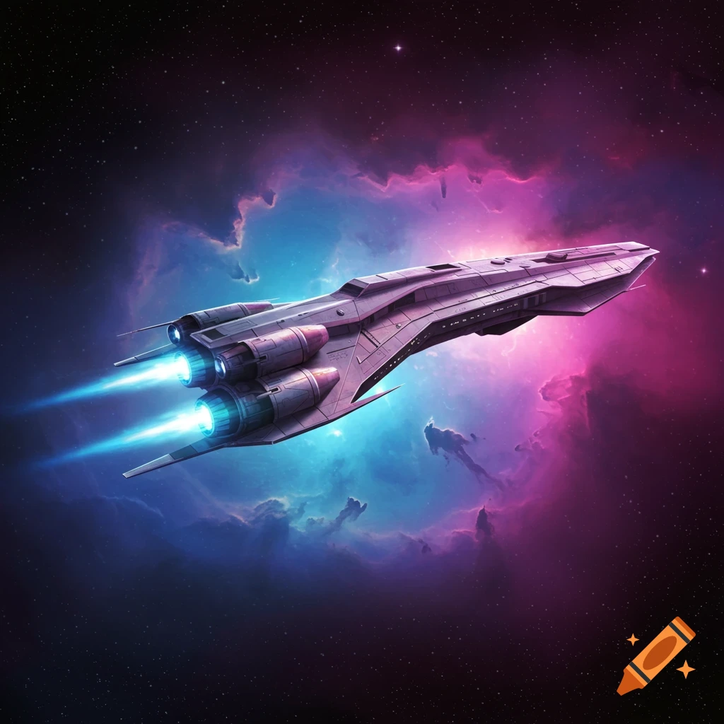 A purple spaceship with blue engine glows flies through a colorful pink and blue nebula in space.