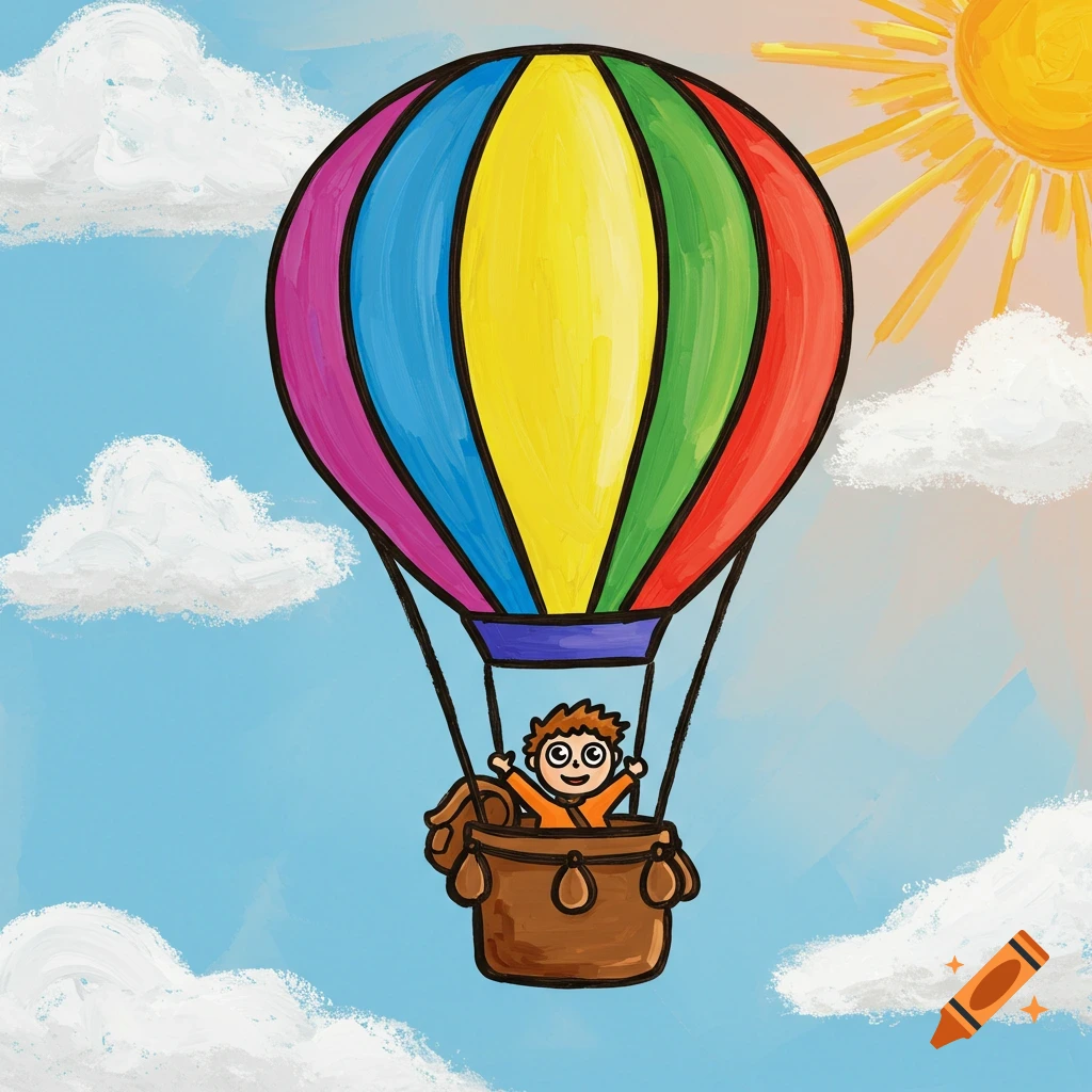 Cartoon illustration of a boy in a colorful hot air balloon floating in a sunny sky with clouds