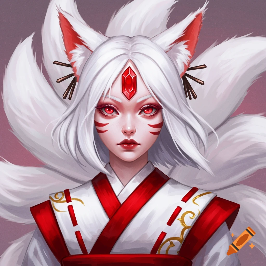 A kitsune girl with white hair, red eyes, a red forehead gem, and a white and red kimono.