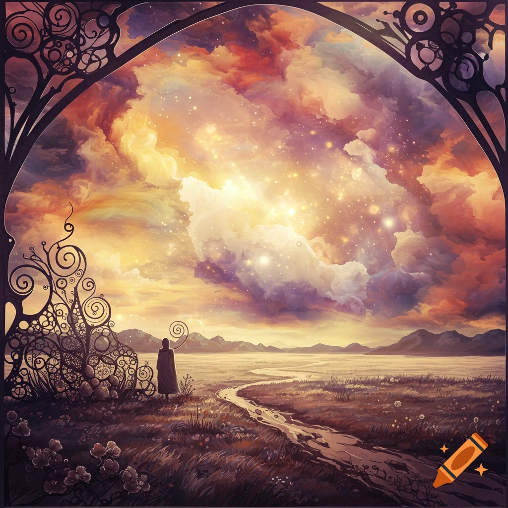 Figure in field looking at a starry, cloudy sky through ornate archway.