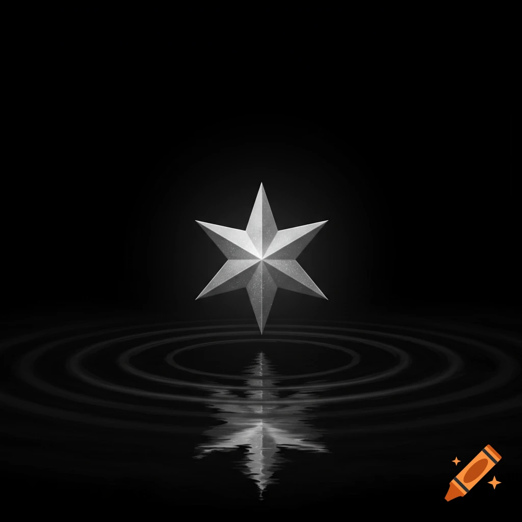 A shimmering silver star floats above concentric ripples in a dark, reflective surface.