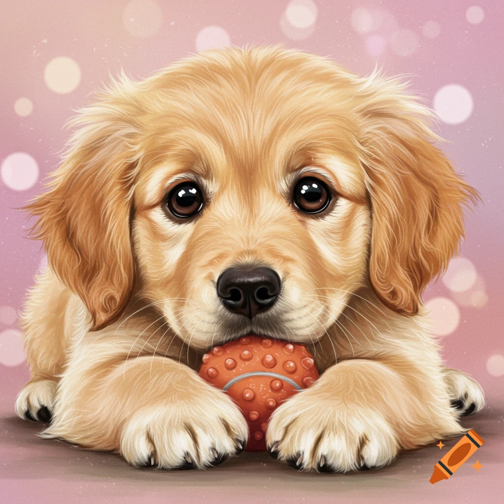 Cute golden retriever puppy holding a ball.