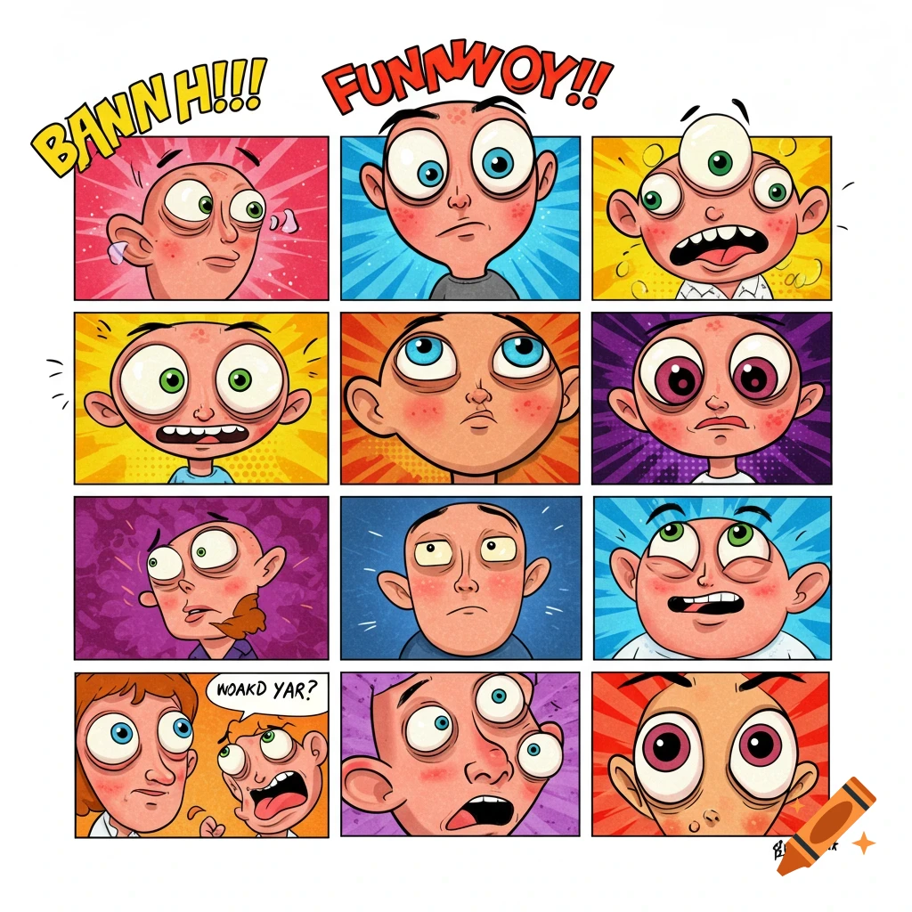 A grid of colorful cartoon faces with exaggerated expressions and features, some with multiple eyes.