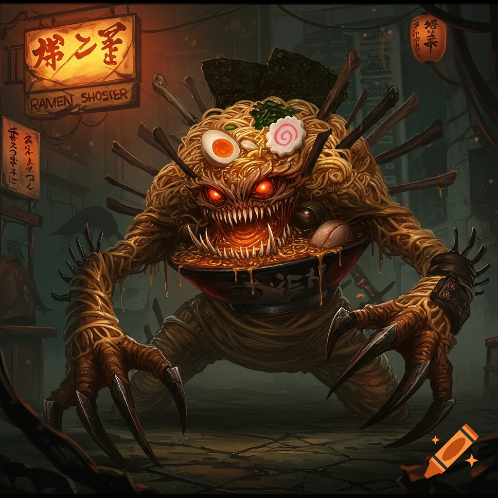 A creepy monster made of ramen noodles and chopsticks stands in a dark street.