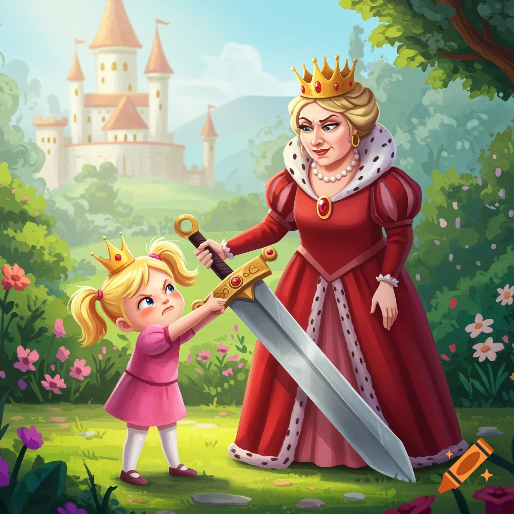 Little princess struggles to lift a large sword watched by a queen in a garden. Fairytale style.
