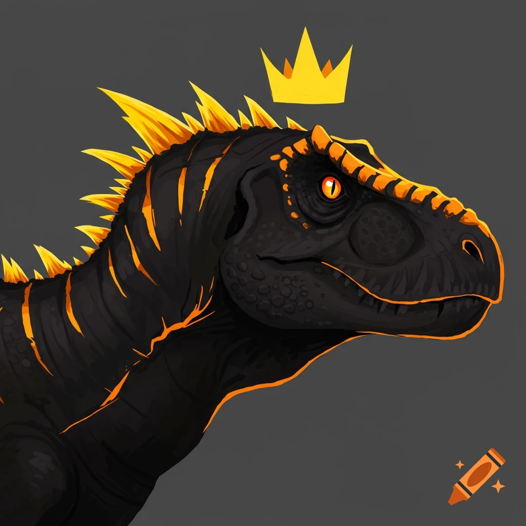 A black dinosaur with orange accents, yellow spikes, and a gold crown.
