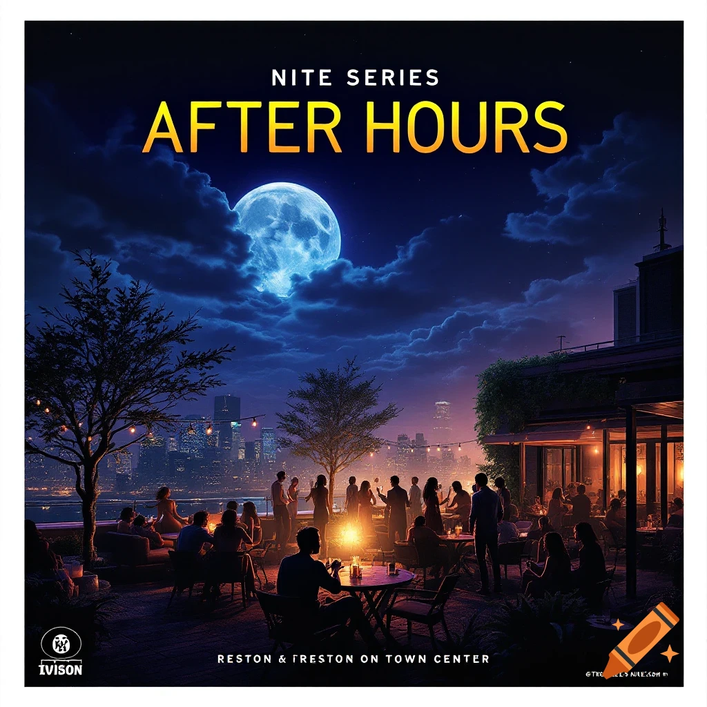 Album cover art of people socializing on a rooftop at night under a full moon with a city skyline background.