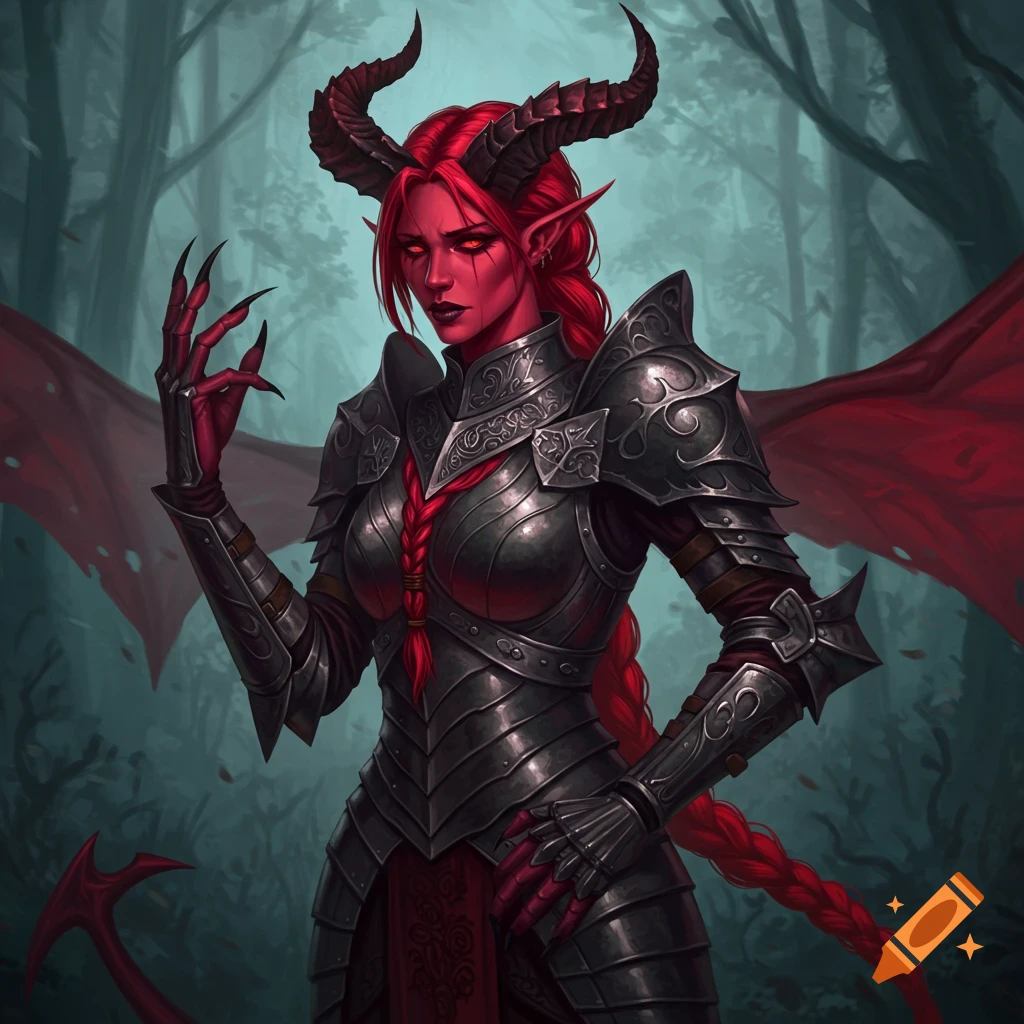 A red-skinned demoness with horns and claws wears dark fantasy armor in a forest.