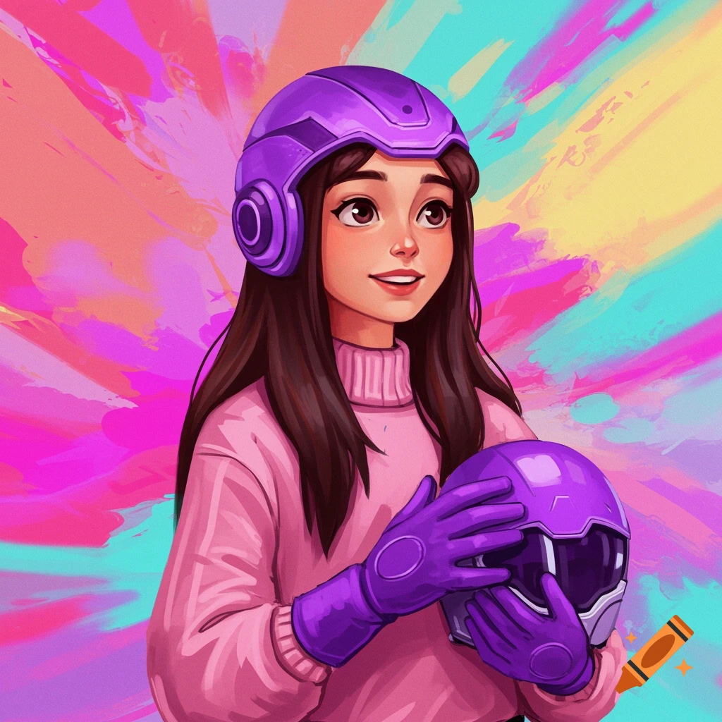 Girl in pink sweater, purple helmet, and gloves holding another helmet against colorful abstract background.