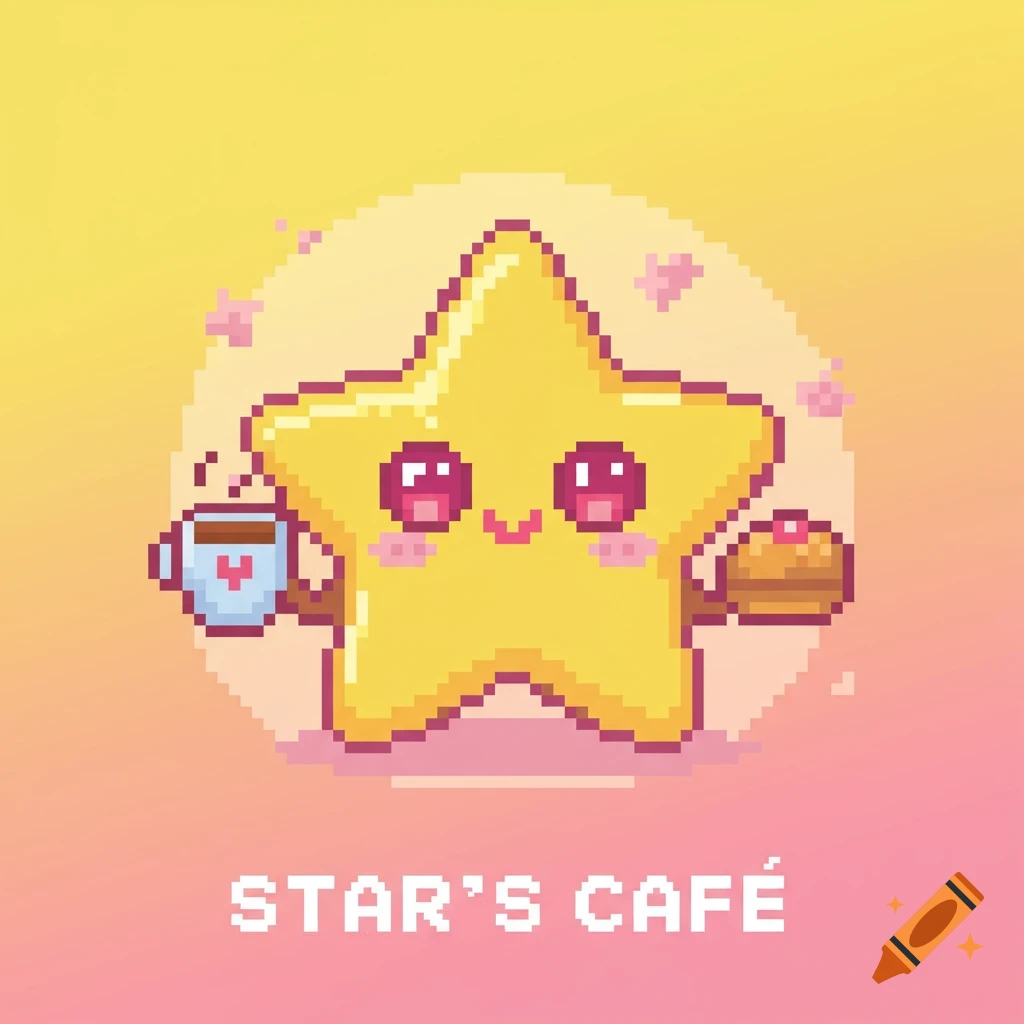 Cute pixel art logo of a star character holding a coffee and pastry with the text "STAR'S CAFÉ".