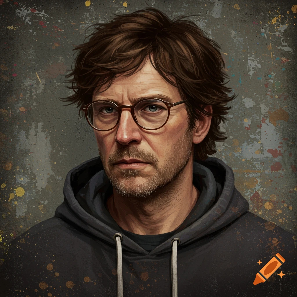 Man with shaggy brown hair, vintage oval glasses, and a black hoodie against a textured background.