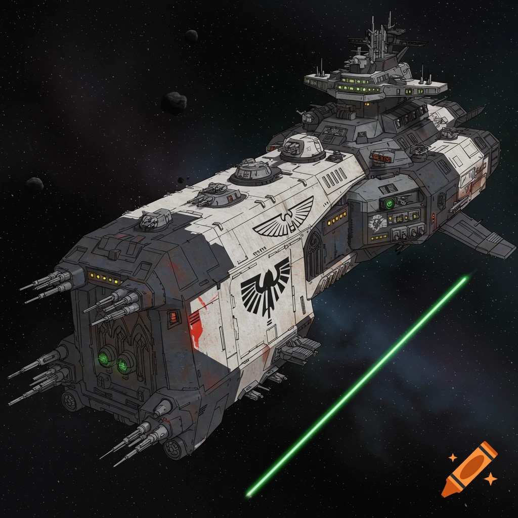 A Warhammer 40k style imperial spaceship flies through space.