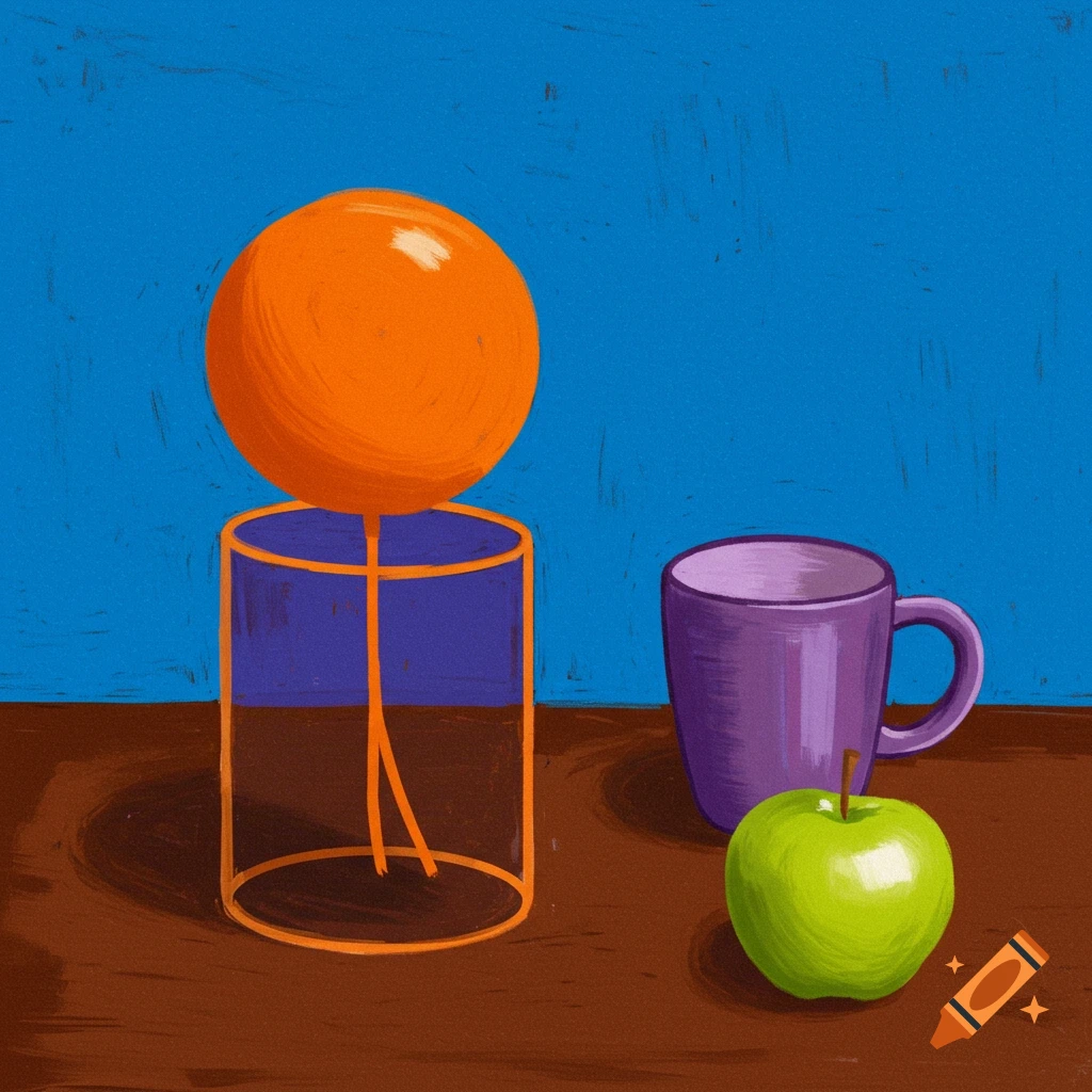 Still life with orange sphere on cylinder, purple cup, green apple on brown table, blue background.