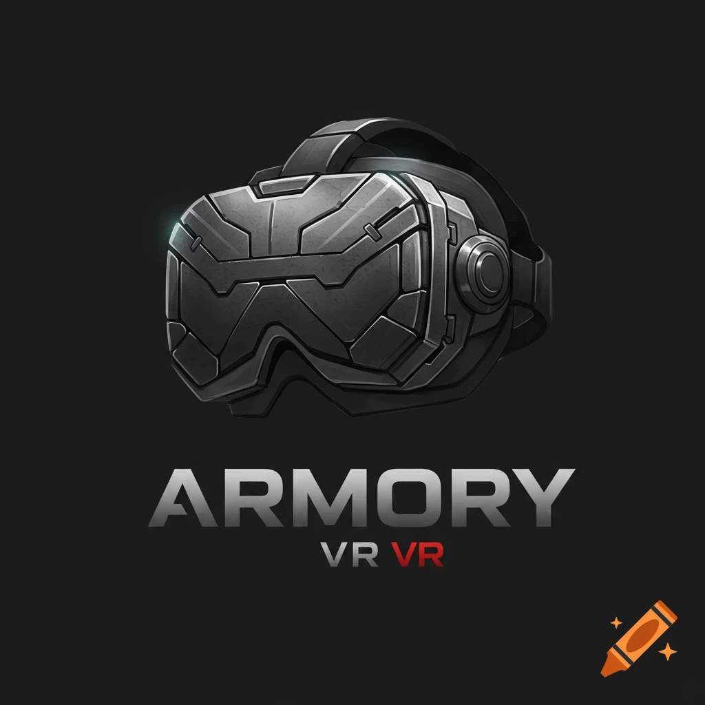 Logo with a stylized futuristic VR headset and the text ARMORY VR VR below it.