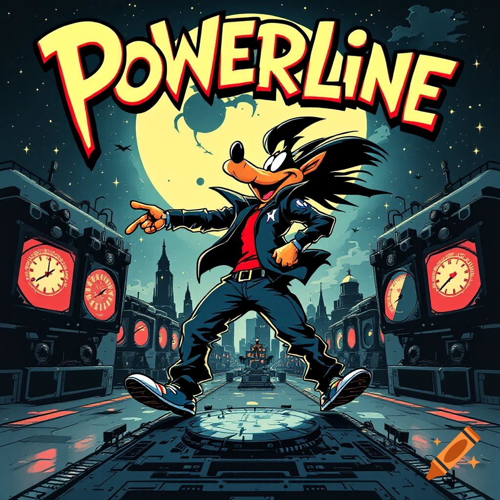 Cartoon character Powerline points forward, walking in a stylized urban scene under the title 'POWERLINE' with large clocks.