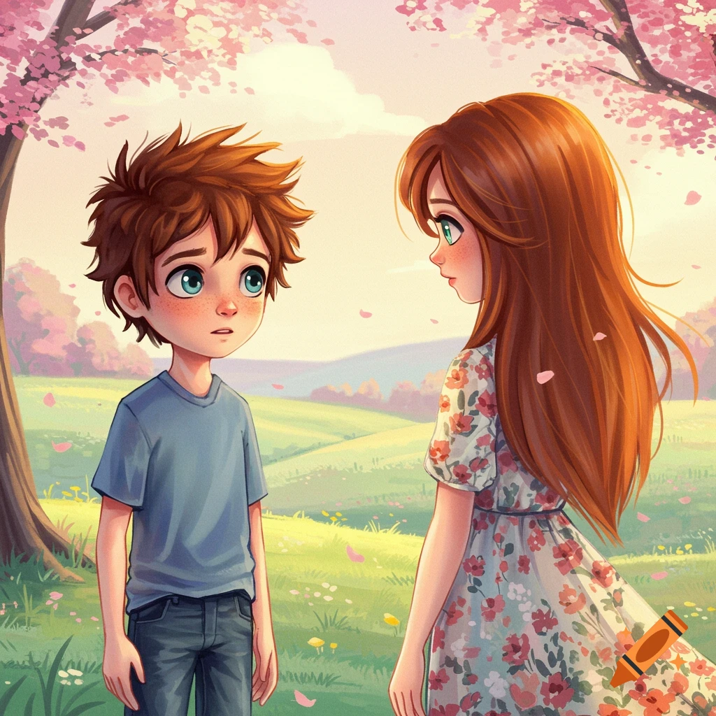 A whimsical illustration of a young boy looking at a girl in a spring landscape with pink trees.