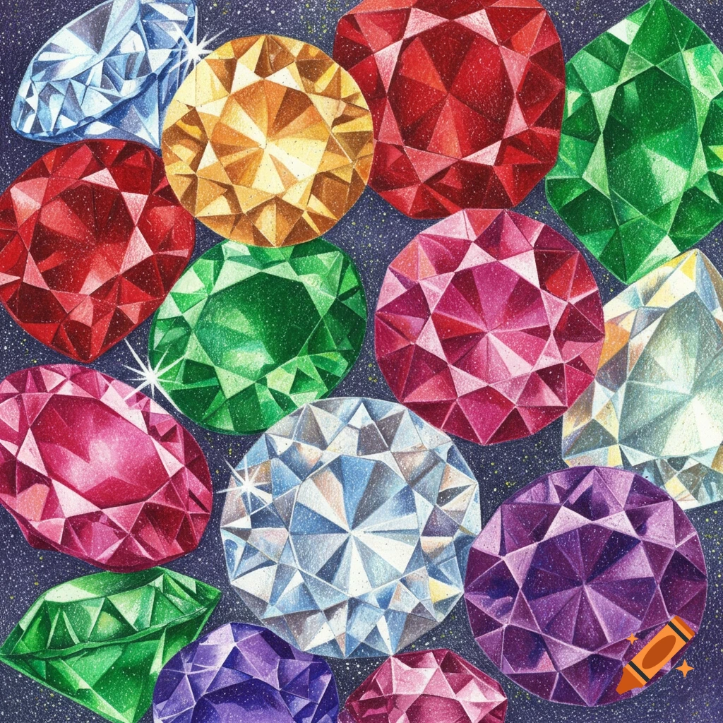 A collection of colorful faceted gems drawn in a colored pencil style on a dark background.