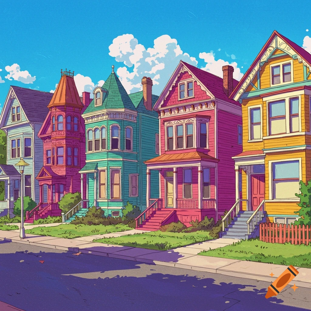 Row of colorful Victorian houses on a sunny street.