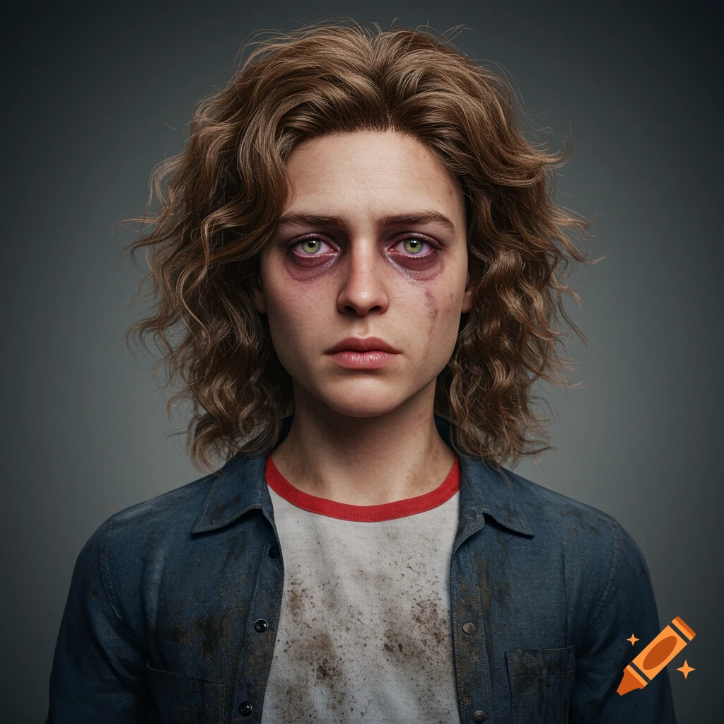 Photorealistic portrait of a person with dark circles and dirt, resembling an action figure.