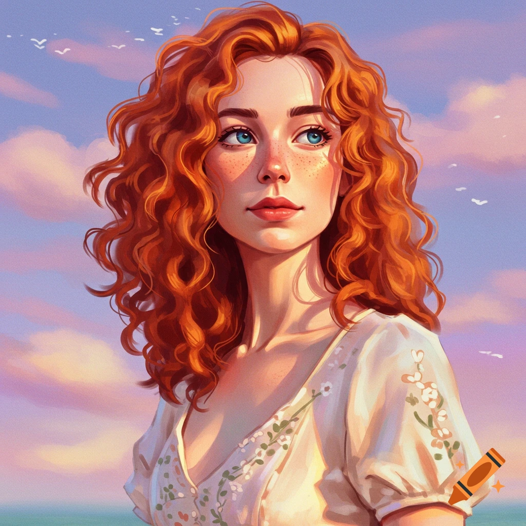 A young woman with curly red hair is looking up at a cloudy sky.