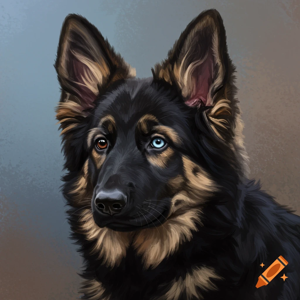 A portrait of a German Shepherd featuring heterochromia, with one eye brown and the other blue.