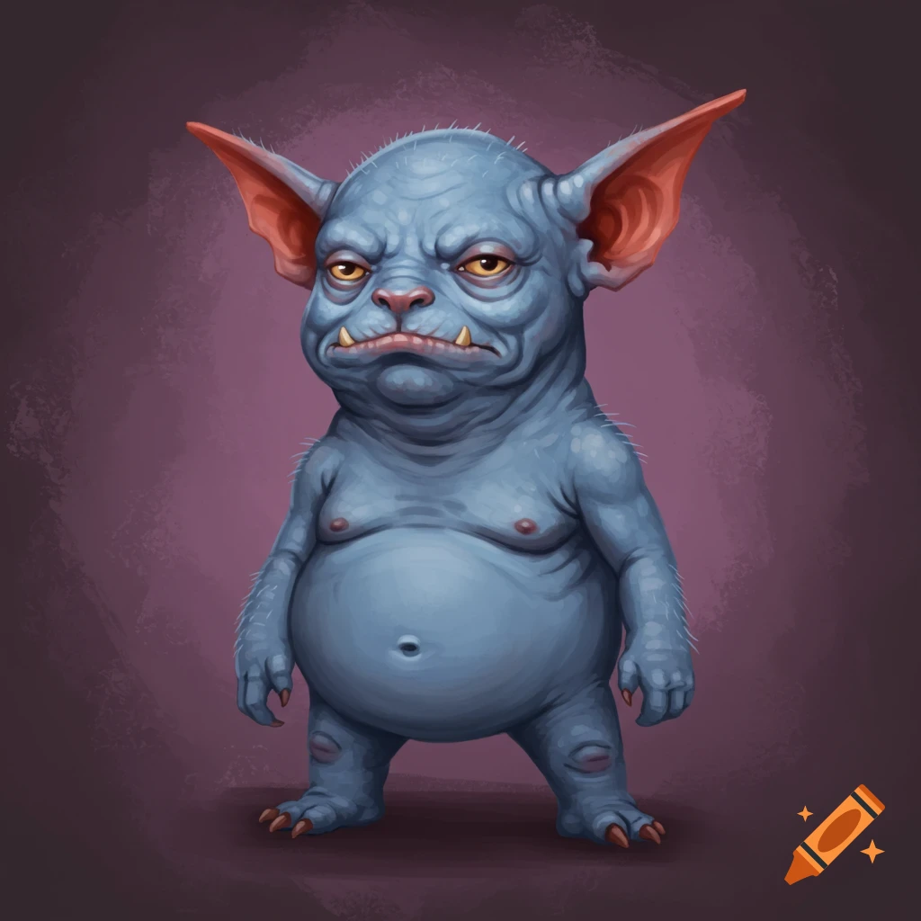 A blue monster with large red ears, a round belly, and small eyes.