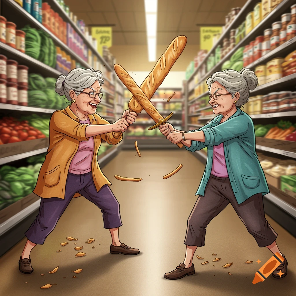 Two old ladies sword fight with baguettes in a grocery store aisle.