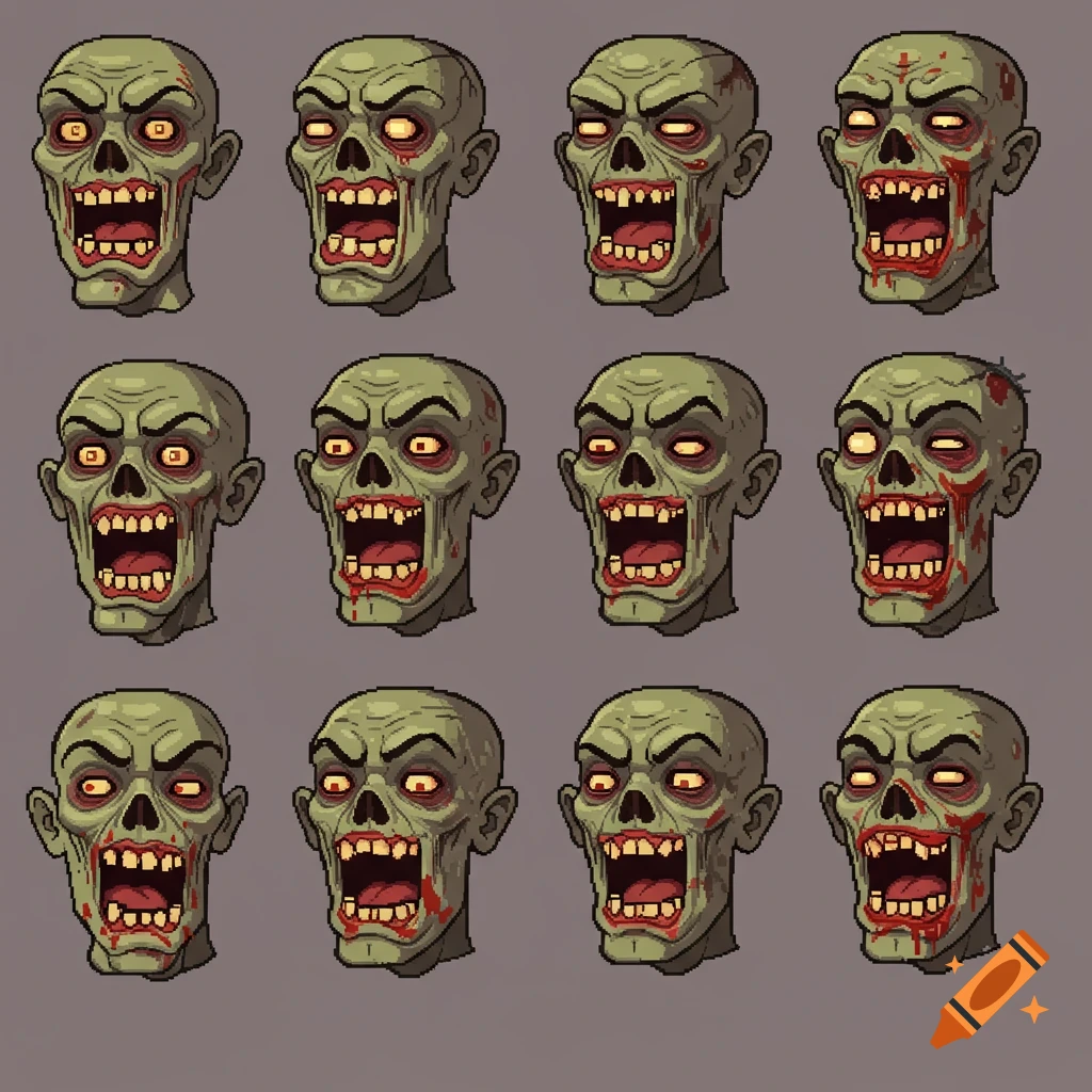 Pixel art sprite sheet of multiple zombie heads.