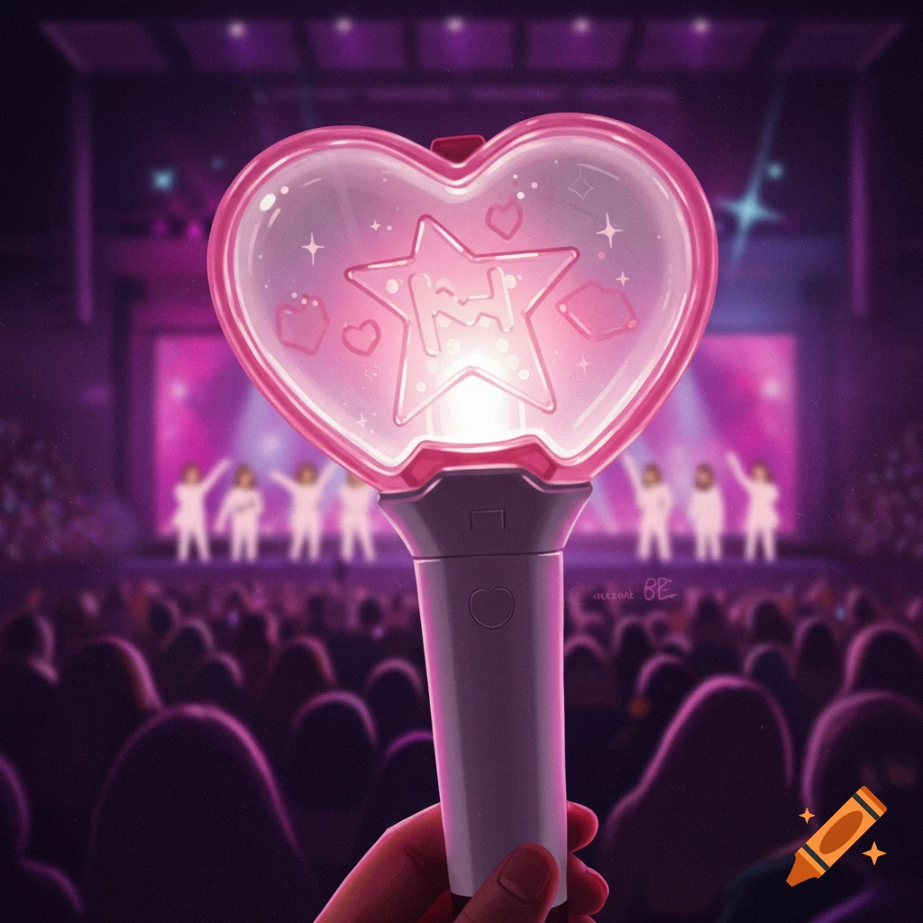 A hand holds a pink heart-shaped K-pop light stick glowing at a concert, with blurred performers on stage and crowd in the background.