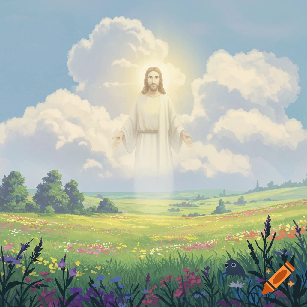 Ghibli style shows Jesus floating above a field of flowers under cloudy skies.