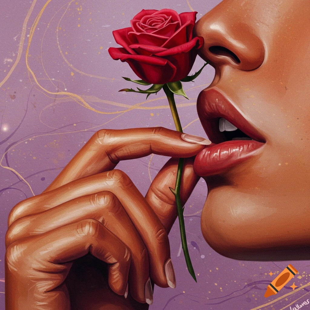 A hand is holding a red rose near a person's lips and nose.