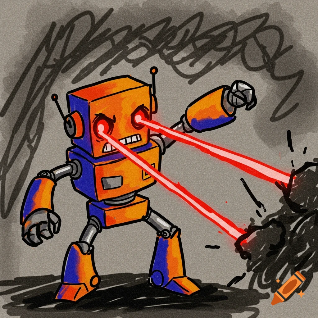 Crude drawing of an orange and blue robot shooting red laser beams from its eyes.