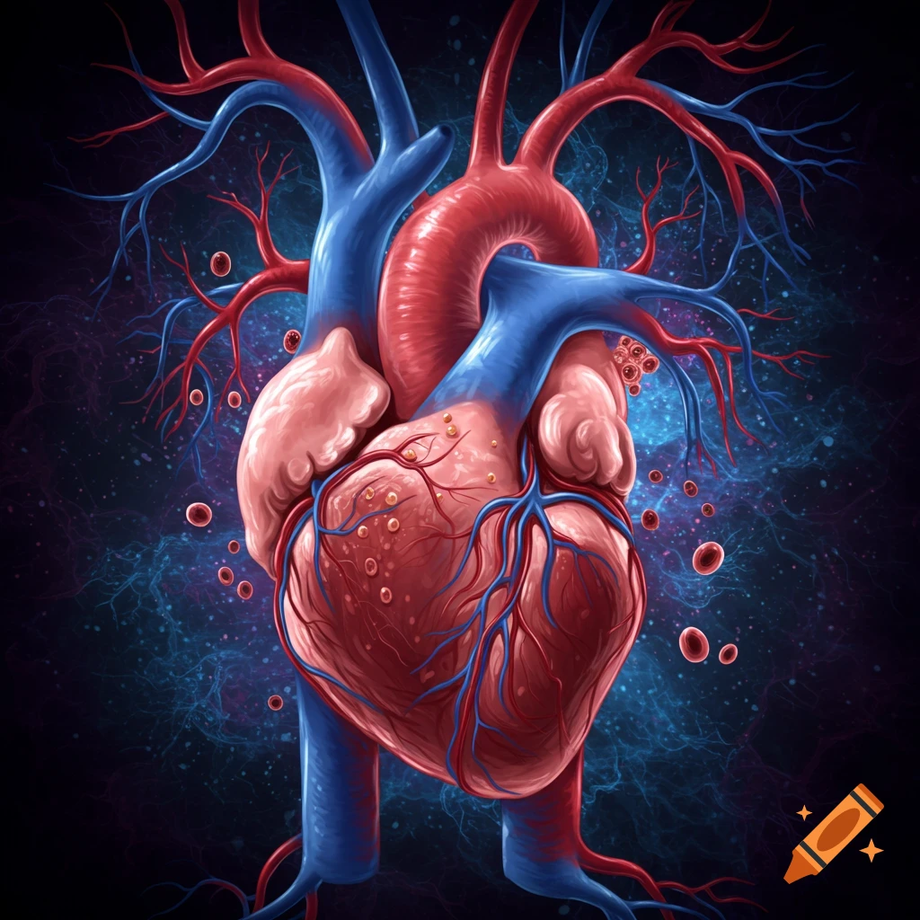 An anatomical illustration of a human heart and blood vessels.