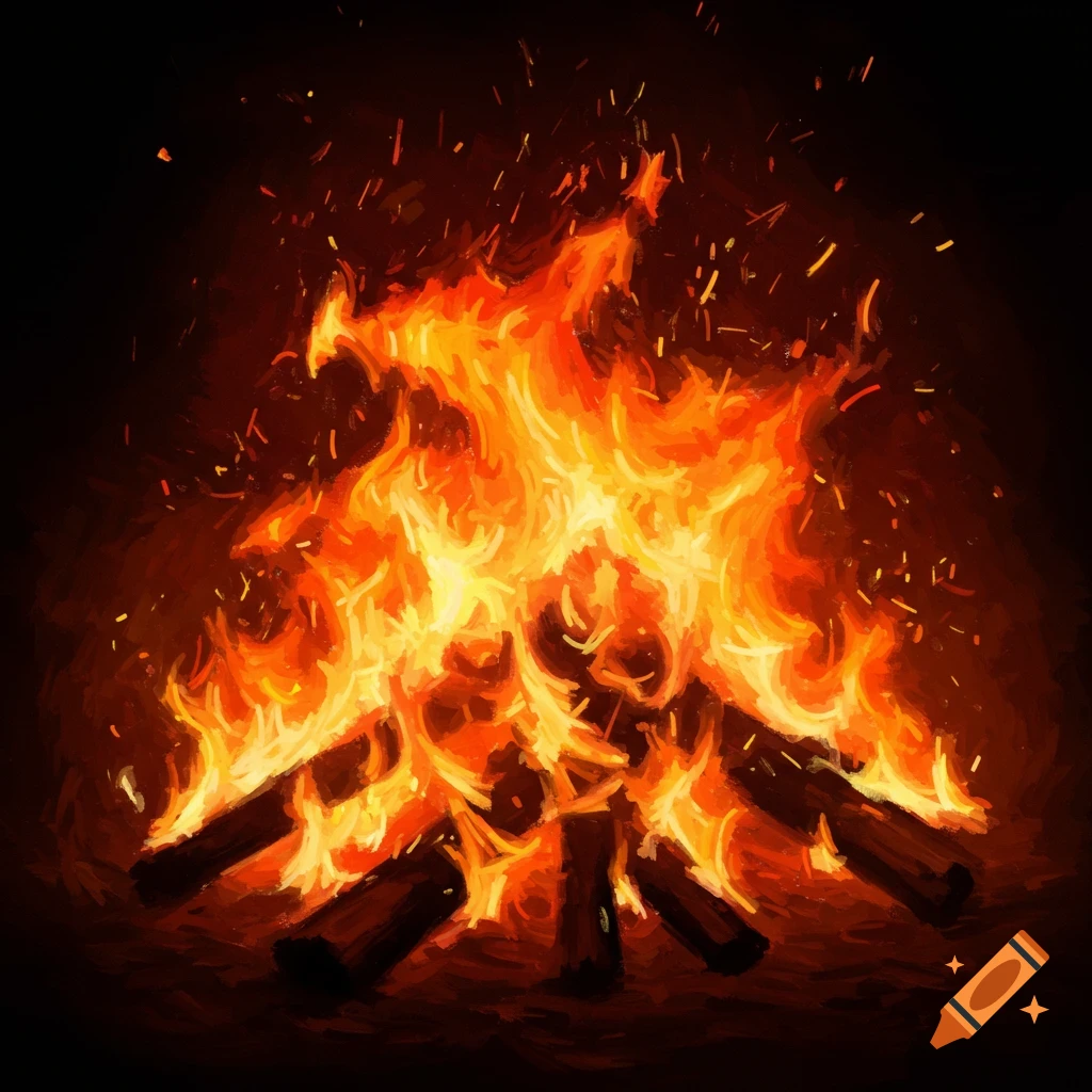 A campfire burning with glowing embers.