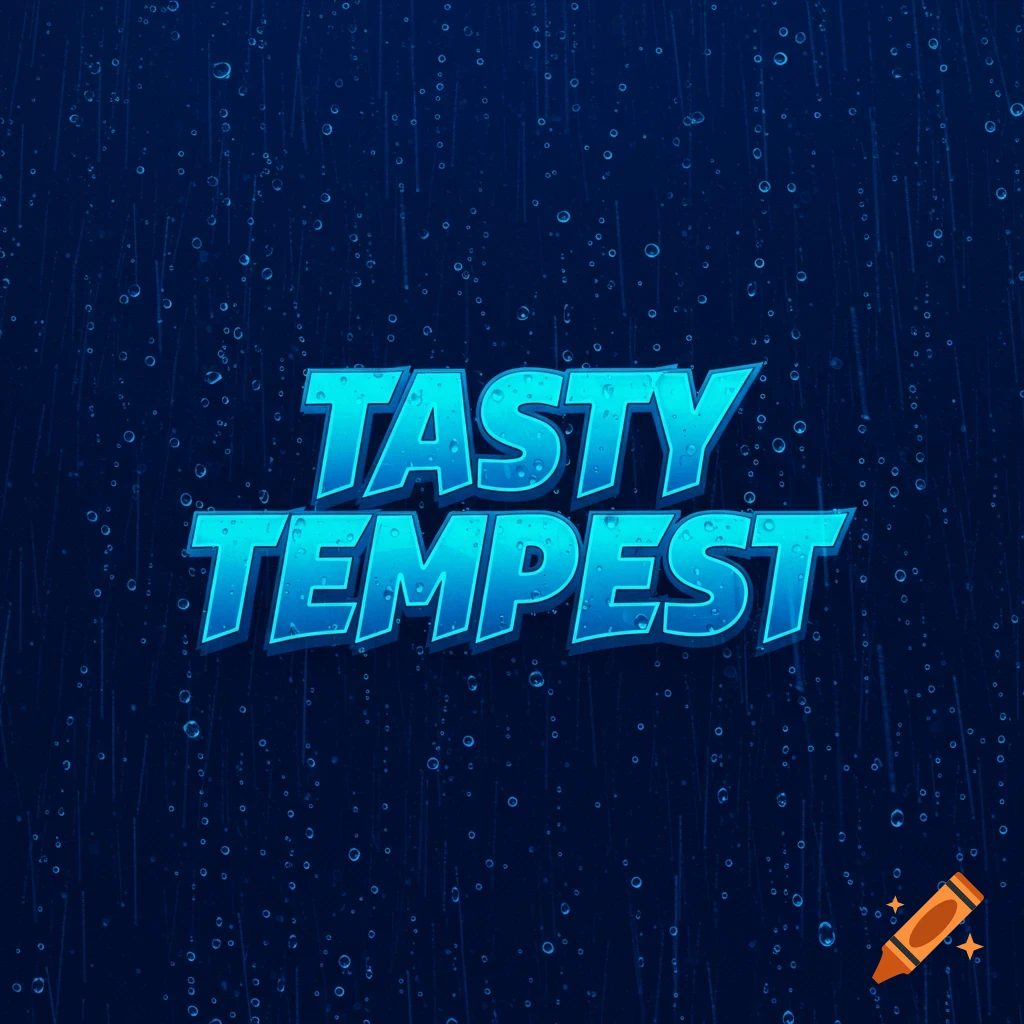 Blue text "TASTY TEMPEST" on a dark blue background with raindrops, designed like a logo.