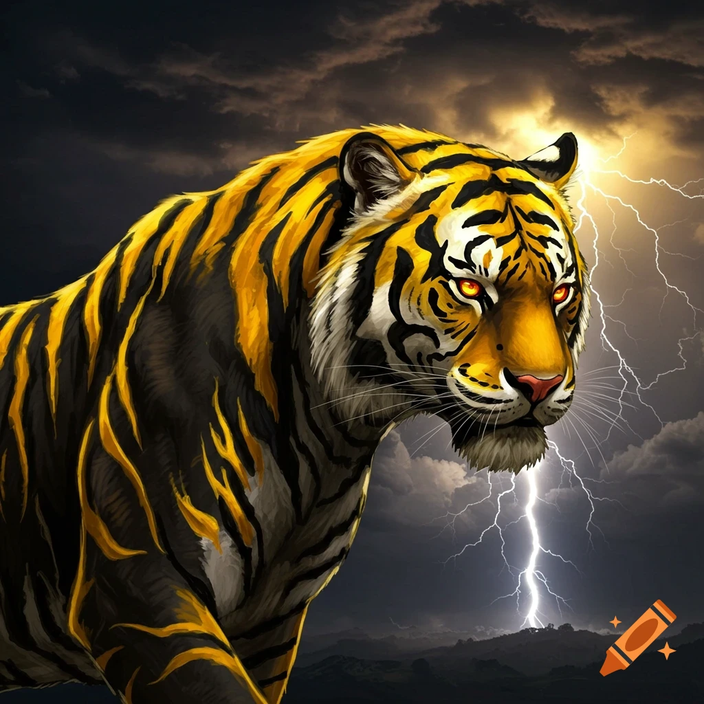 A black and yellow tiger with red eyes against a dark, stormy sky with lightning.