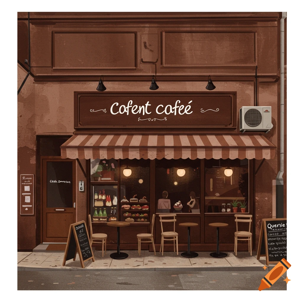 Brown cafe storefront with outdoor seating on craiyon