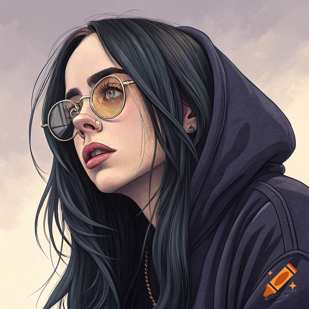 Stylized illustration portrait of a woman with dark hair and glasses wearing a hoodie.