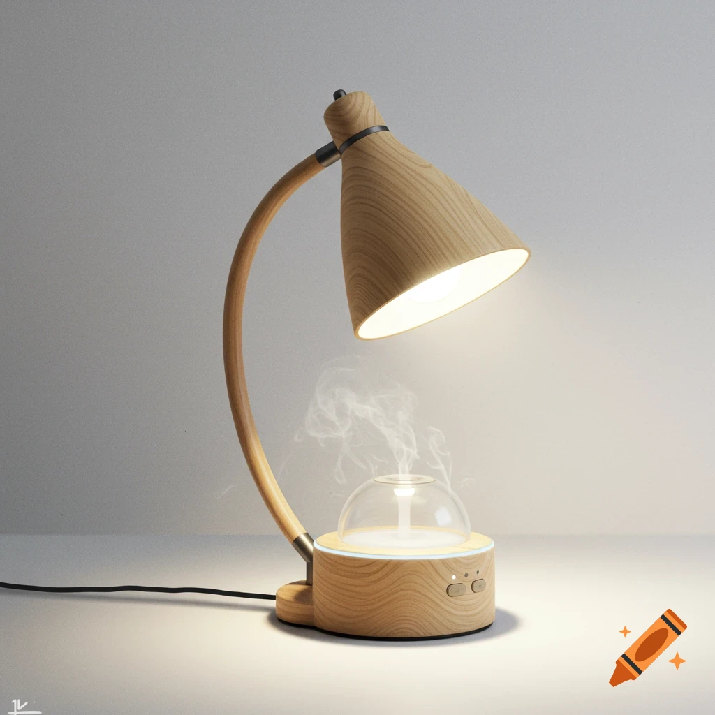 Minimalist wooden desk lamp with a diffuser emitting steam