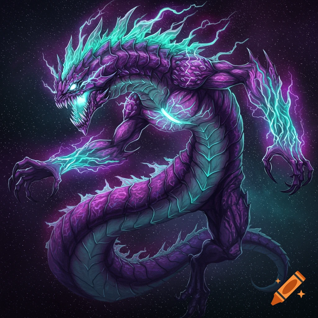 A fearsome purple and teal lightning monster against a starry background.